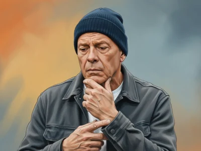 Illustration représentant Bruce Willis maladie pensif avec la main sur le menton