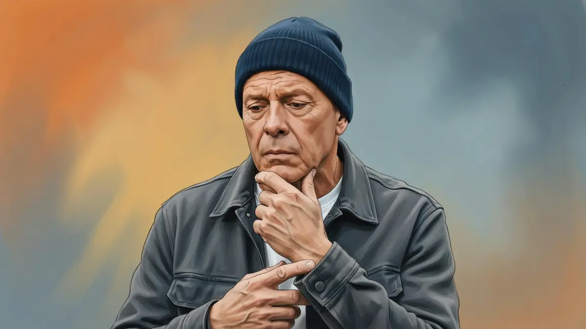Illustration représentant Bruce Willis maladie pensif avec la main sur le menton