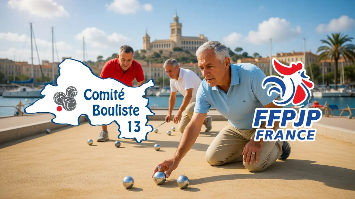 Des joueurs de pétanque en pleine partie sous l'égide du comité bouliste 13 près du Vieux-Port de Marseille