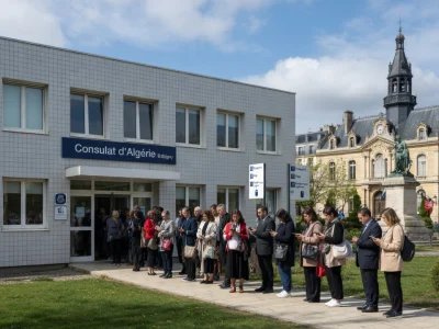 File d'attente de personnes devant le bâtiment du consulat Bobigny Algérie par une journée ensoleillée
