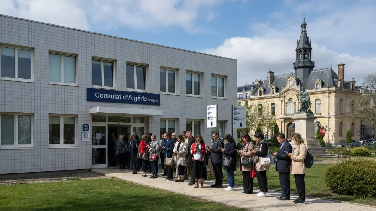 File d'attente de personnes devant le bâtiment du consulat Bobigny Algérie par une journée ensoleillée