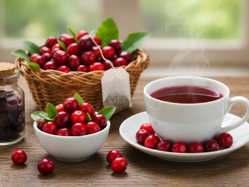 Une tasse de cranberry thé fumante entourée de canneberges fraîches dans un panier et un bol sur une table en bois