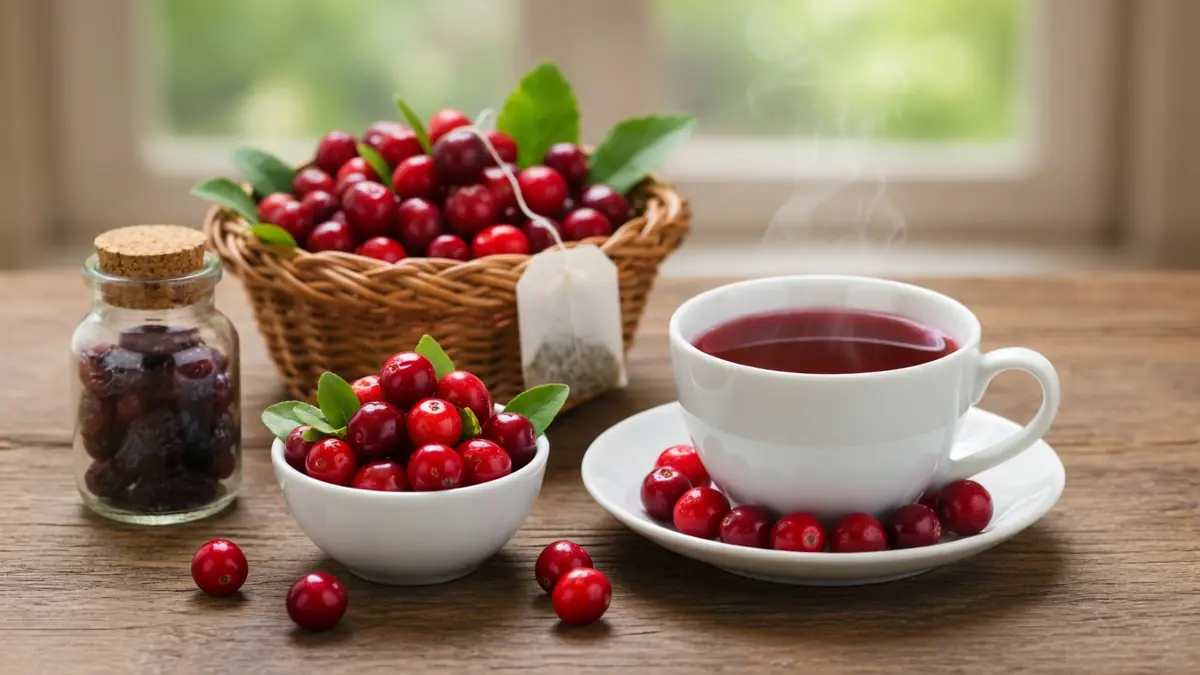 Une tasse de cranberry thé fumante entourée de canneberges fraîches dans un panier et un bol sur une table en bois