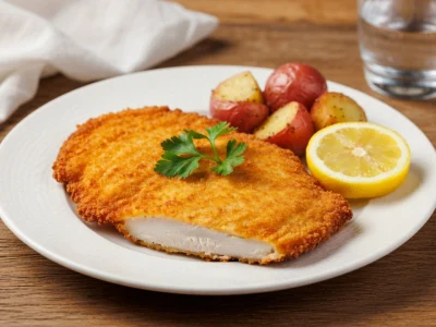 Une escalope Milanaise dorée et croustillante avec des pommes de terre et un citron sur une assiette blanche