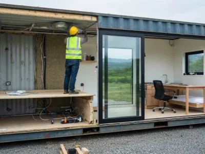 Un ouvrier en casque jaune s'affaire à aménager un container en espace de vie et de travail