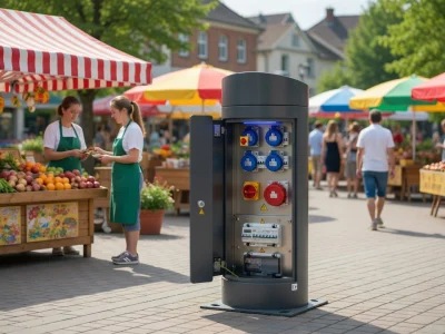Installation d'une borne marche électrique sur une place de marché animée avec des étals de fruits et légumes