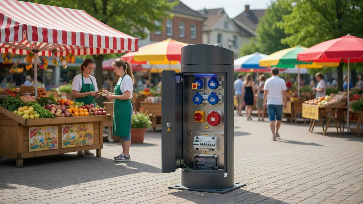 Installation d'une borne marche électrique sur une place de marché animée avec des étals de fruits et légumes