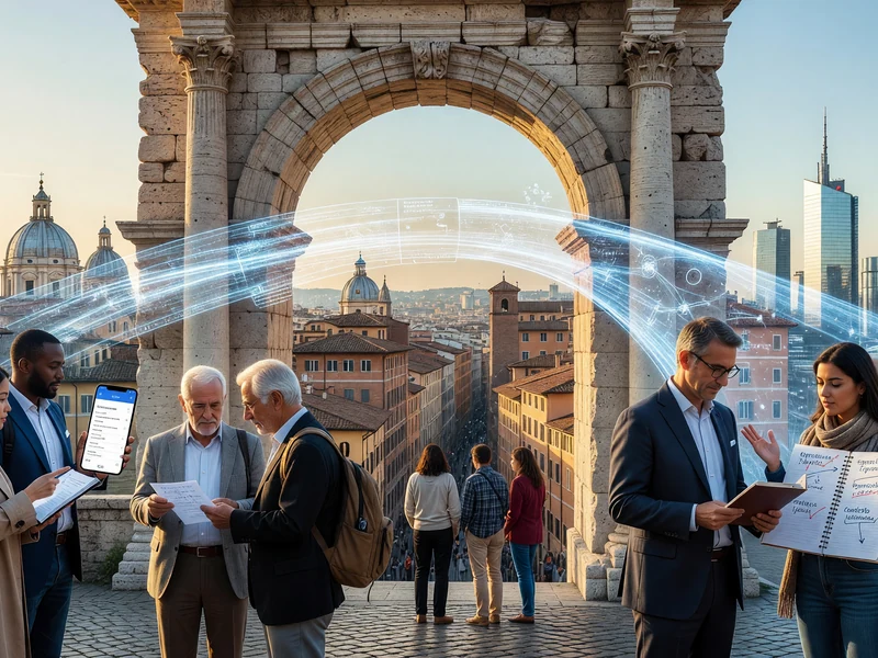 Des collègues collaborent à l'aide de Google traduction Italie dans un décor historique italien.
