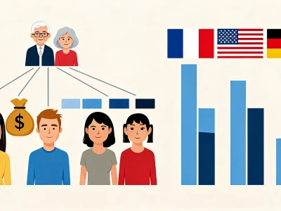 Une famille reliée par des lignes avec icônes financières et graphiques représente les impôts sur la succession