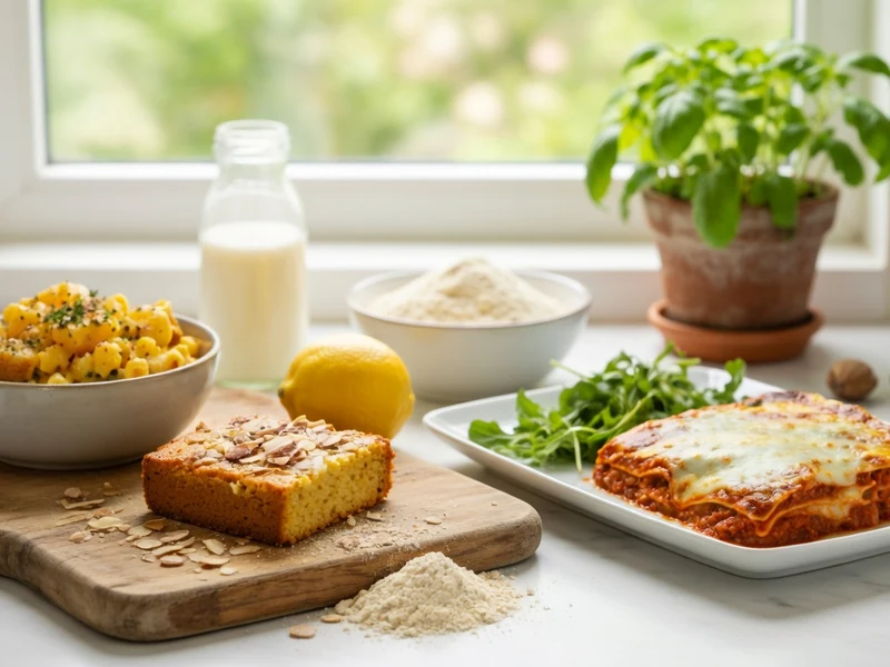Ingrédients frais et plats pour une recette sans gluten et sans lactose sur un plan de travail lumineux