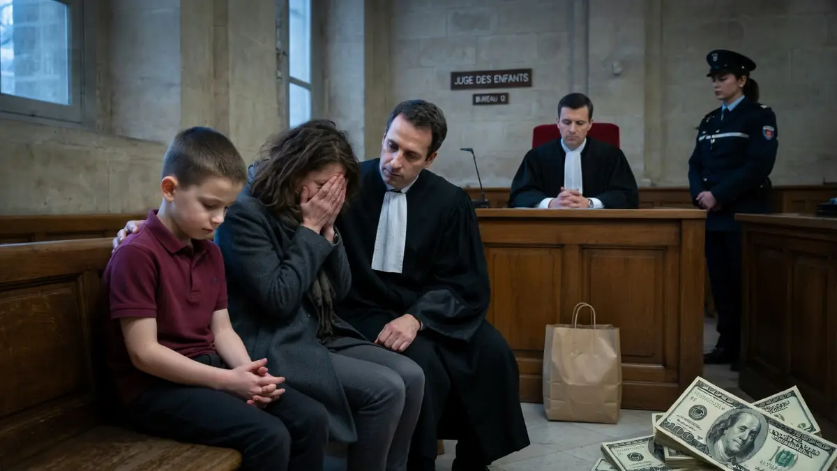 Scène de tribunal avec une mère en pleurs et son enfant dans une affaire de corruption de mineur