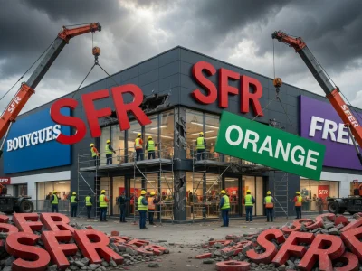 Des grues et des ouvriers démontent un bâtiment lors de la vente SFR