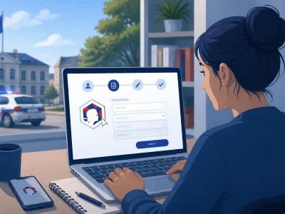 Une femme utilise un ordinateur pour effectuer un dépôt plainte en ligne avec une voiture de police en arrière-plan