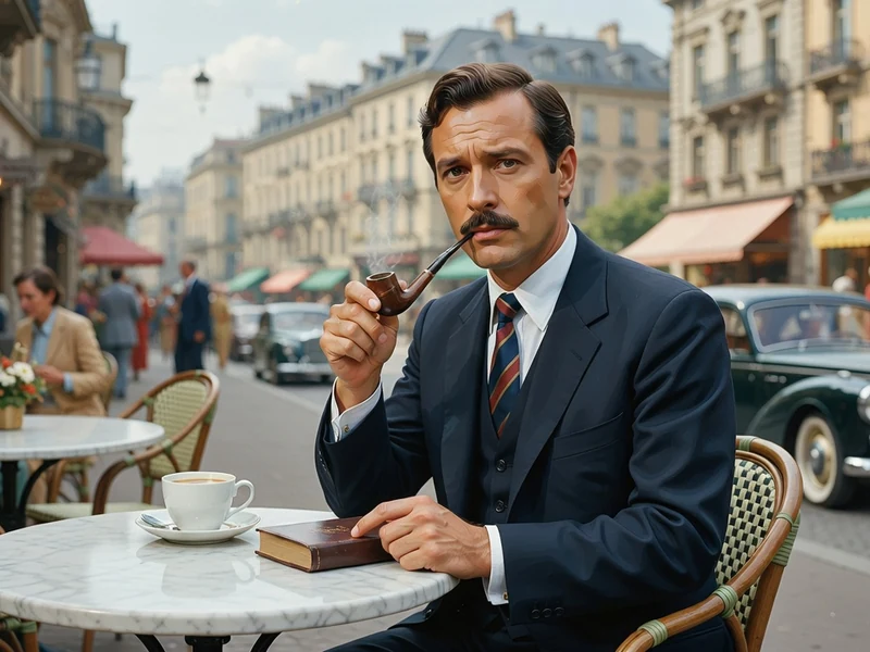 Ivan Desny tenant sa pipe à la terrasse d'un café parisien