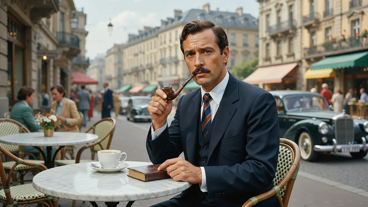 Ivan Desny tenant sa pipe à la terrasse d'un café parisien