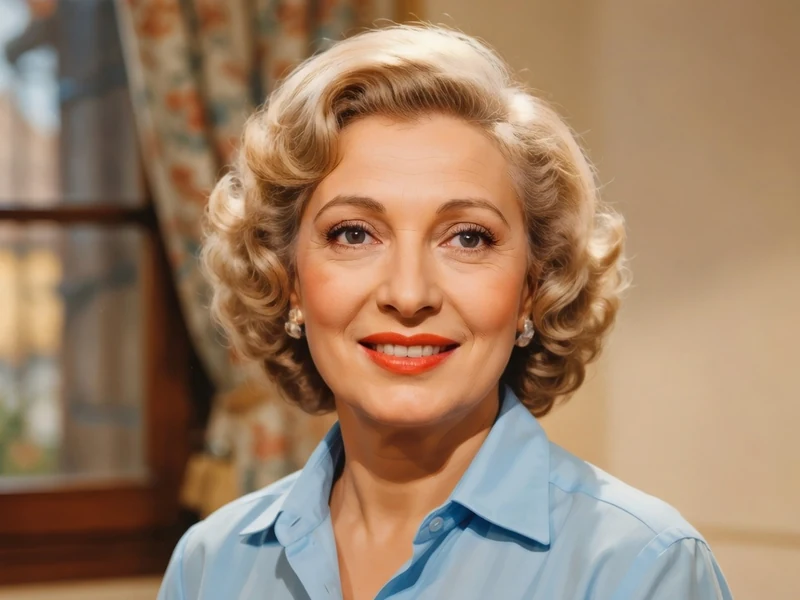 Anny Flore pose souriante en chemise bleue devant une fenêtre
