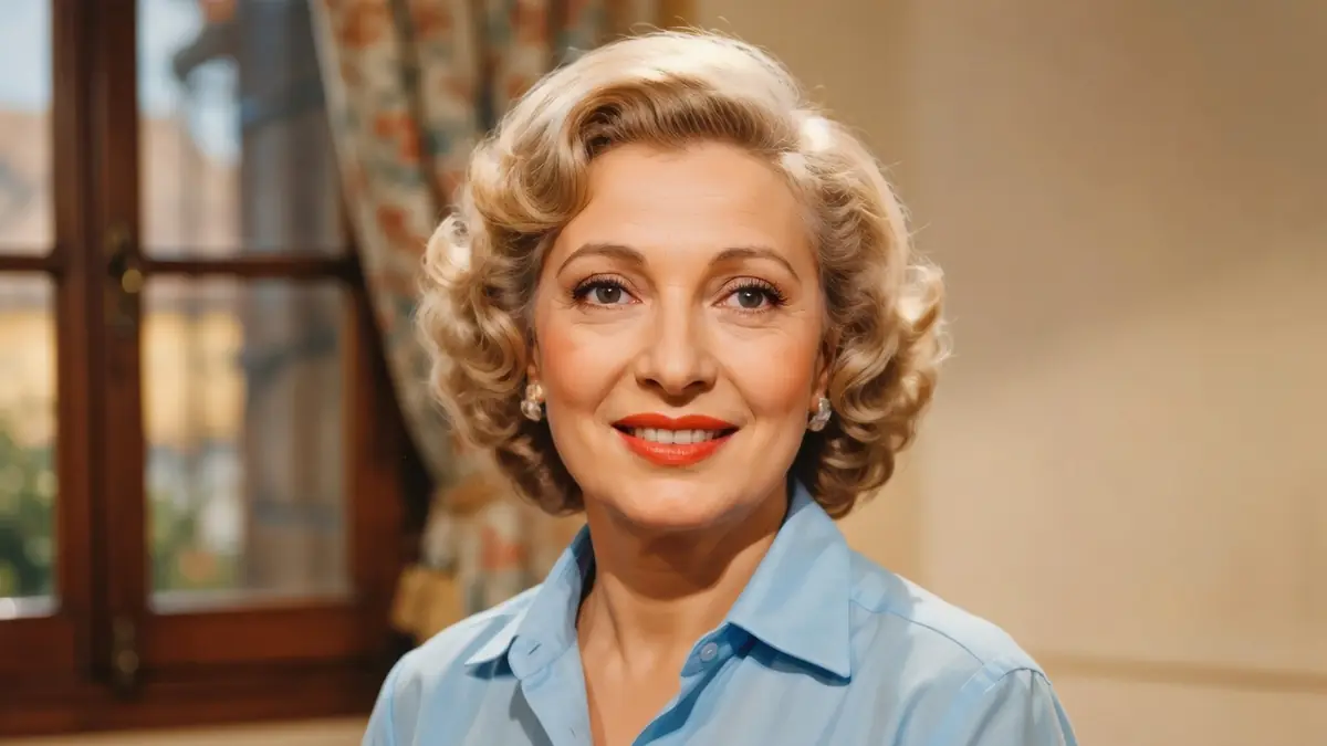 Anny Flore pose souriante en chemise bleue devant une fenêtre