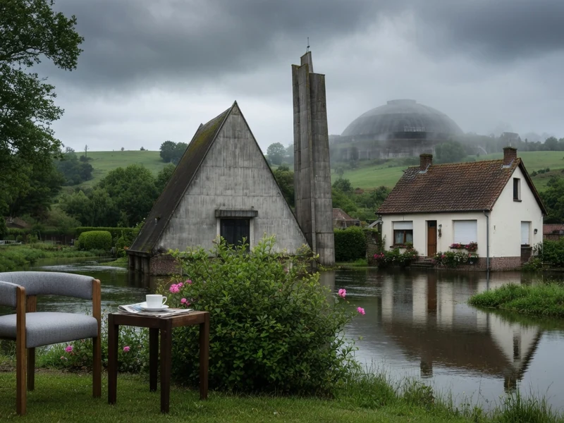 Une table et une chaise au bord de l'eau à Wizerne devant une maison et des vestiges industriels