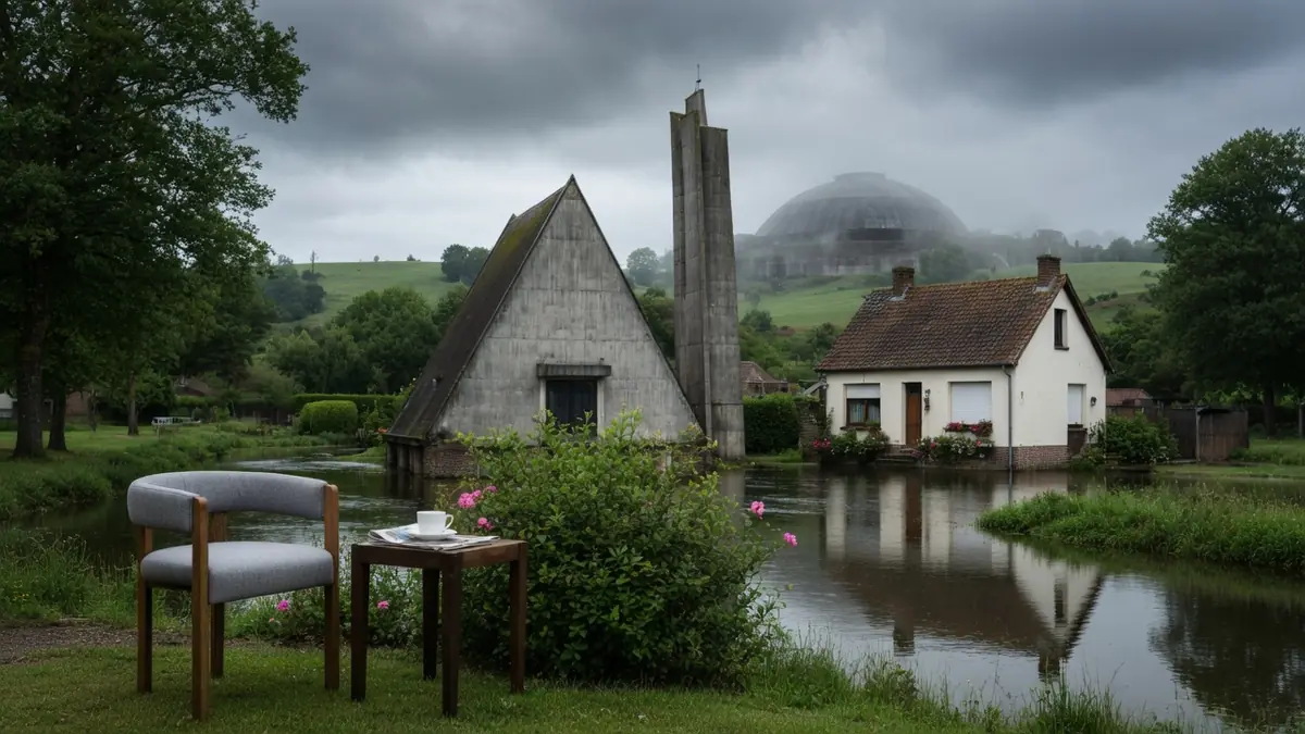 Une table et une chaise au bord de l'eau à Wizerne devant une maison et des vestiges industriels