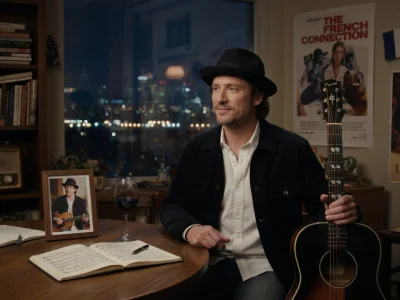 Christopher Stills est assis à une table avec sa guitare et un carnet de partitions ouvert