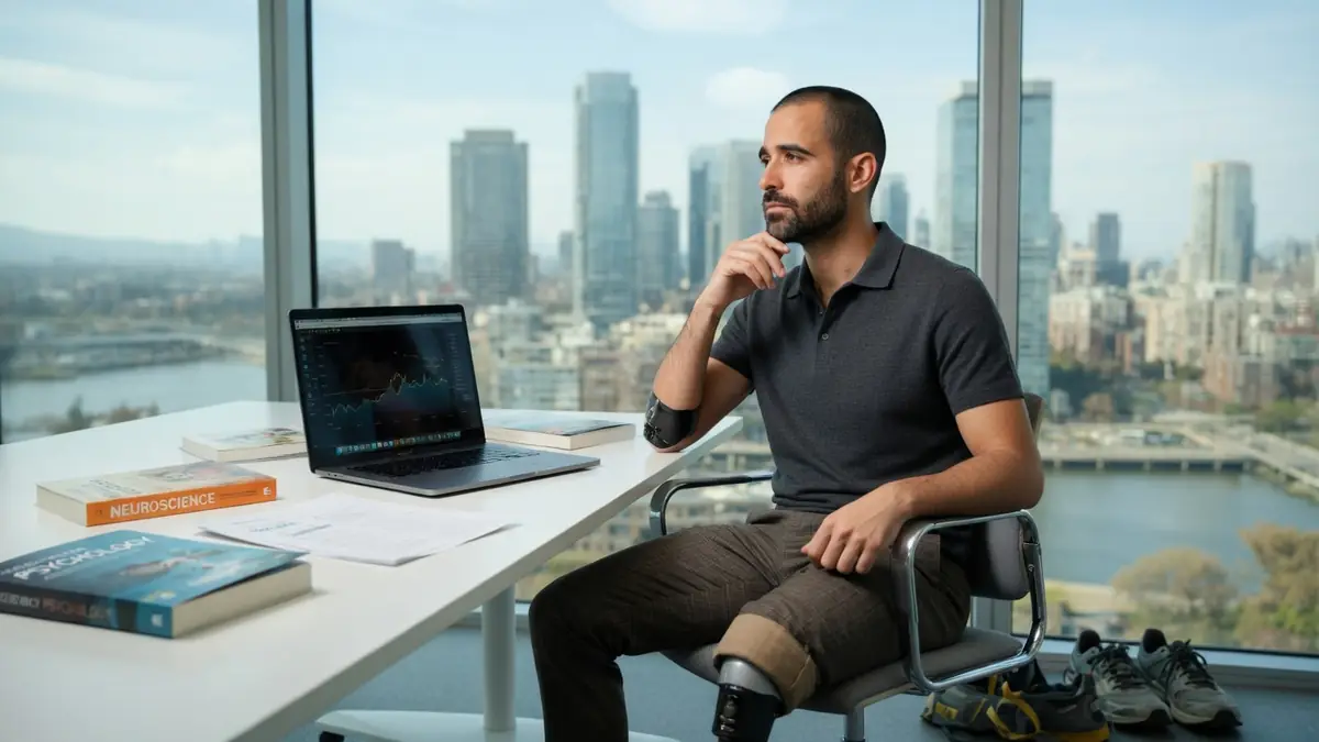 Louis Derungs est assis à son bureau devant une baie vitrée avec vue sur une ville moderne