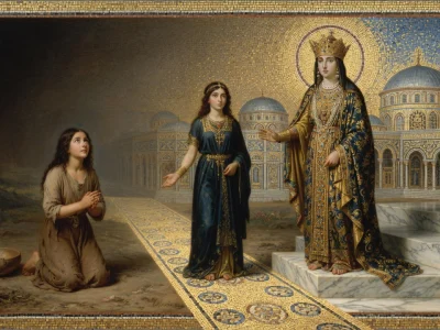 La peinture illustre Theodora byzantine avec une femme agenouillée et une autre debout dans un palais byzantin