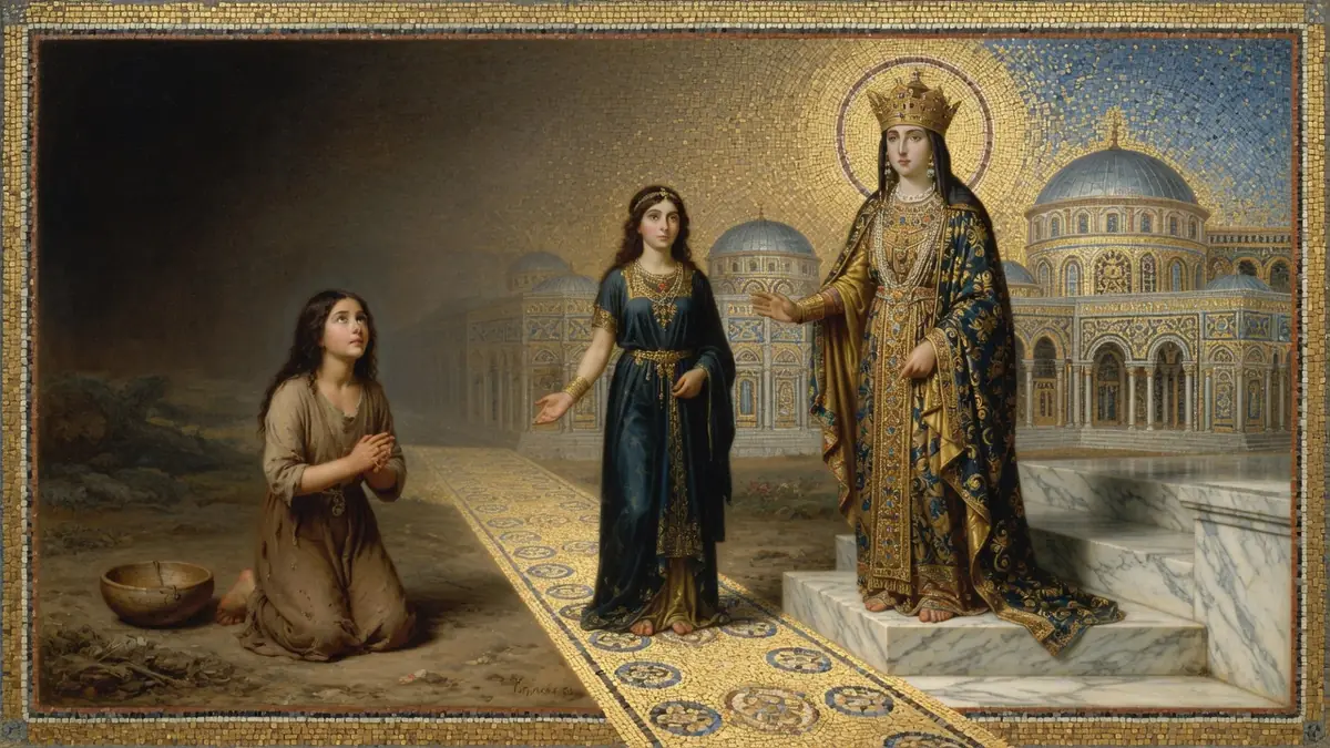 La peinture illustre Theodora byzantine avec une femme agenouillée et une autre debout dans un palais byzantin