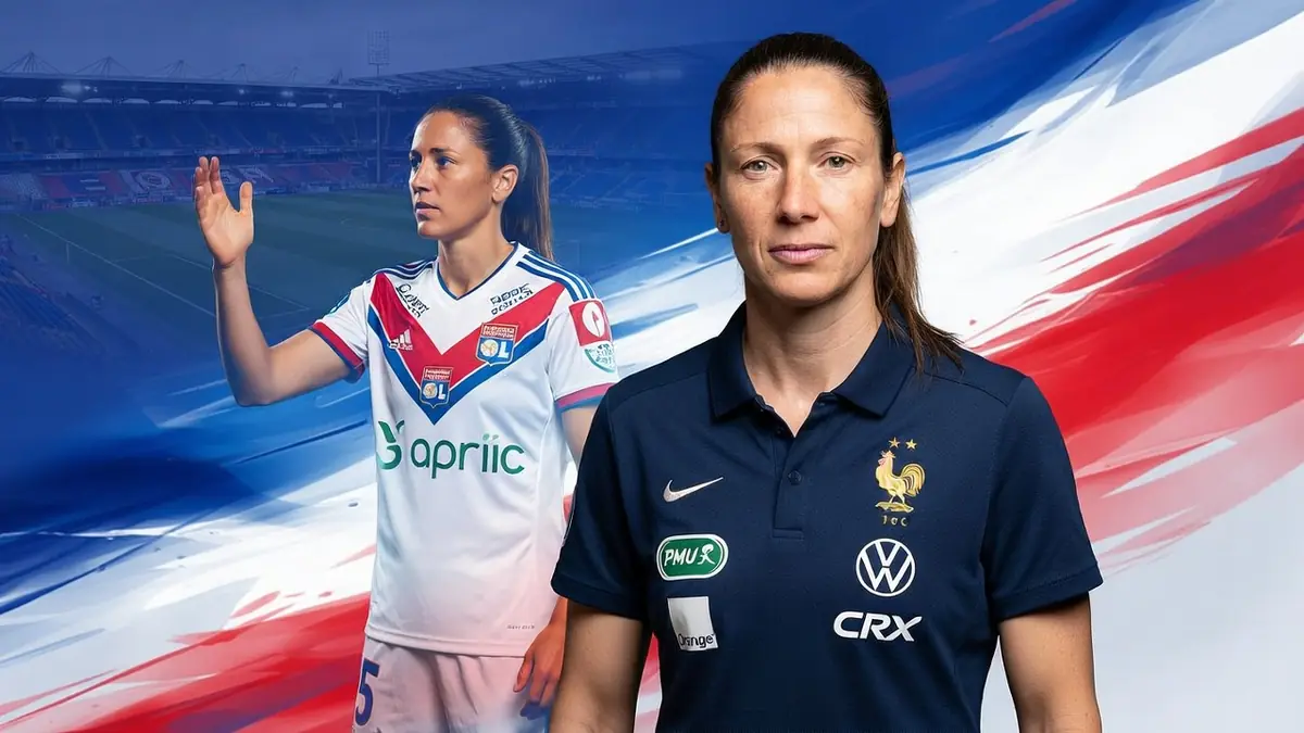L'image montre Élise Bussaglia en tenue de football et posant en polo bleu