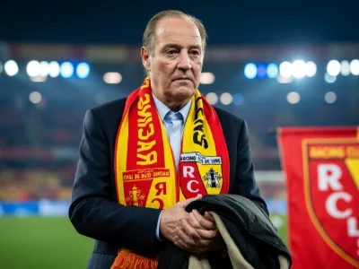 Gervais Martel portant une écharpe aux couleurs du club sur la pelouse d'un stade de football