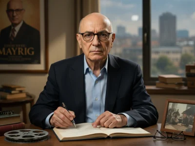 Jacky Nercessian est photographié dans son bureau entouré de livres et de bobines de film