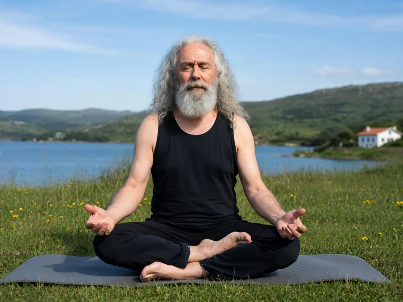 Jean-Pierre Tagliaferri médite en lotus sur un tapis dans l'herbe au bord d'un lac