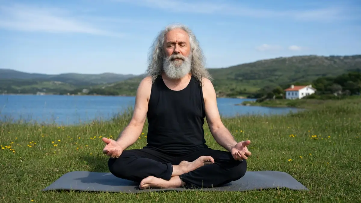 Jean-Pierre Tagliaferri médite en lotus sur un tapis dans l'herbe au bord d'un lac
