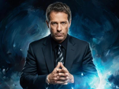 Laurent Hennequin pose en costume les mains jointes devant un fond bleu tourbillonnant