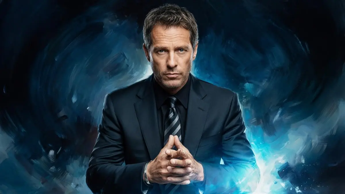 Laurent Hennequin pose en costume les mains jointes devant un fond bleu tourbillonnant