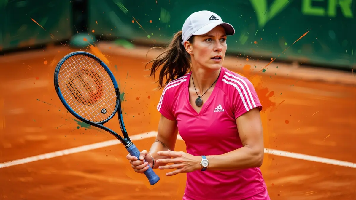 Une joueuse de tennis henin justine tenant sa raquette sur terre battue