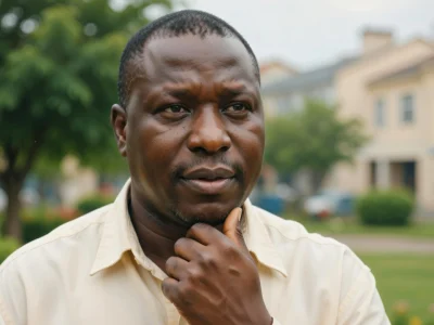 Diouf Mouss la main au menton dans un quartier résidentiel verdoyant