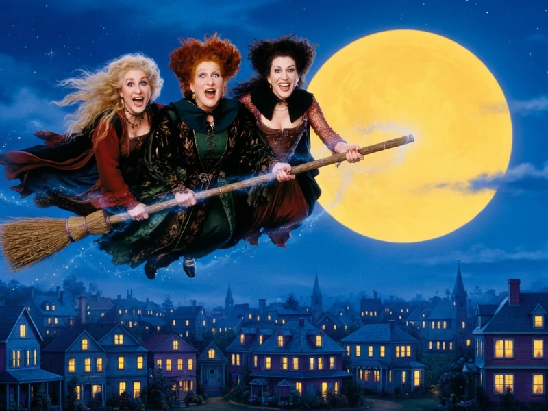 Les sorcières de hocus pocus 1993 film volent sur un balai devant la pleine lune