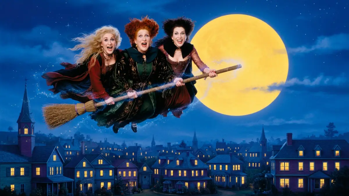 Les sorcières de hocus pocus 1993 film volent sur un balai devant la pleine lune