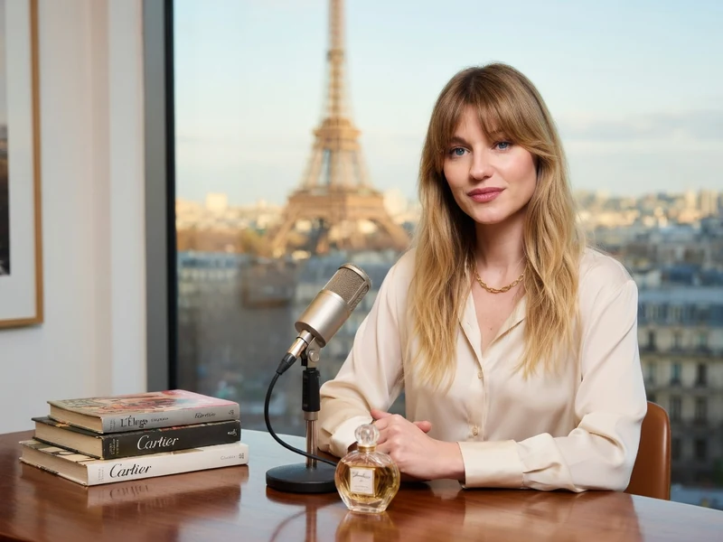 Constance Arnoult est assise à une table avec un micro devant la tour Eiffel