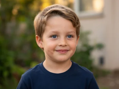 Portrait d'un jeune garçon aux yeux bleus nommé Corentin Guillot souriant devant un jardin flou