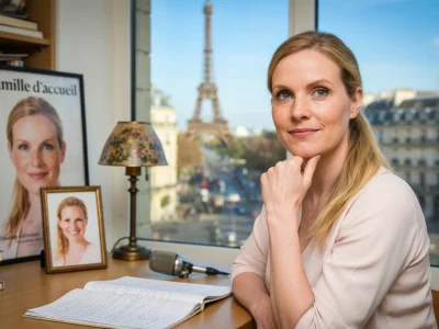 Lucie Barret assise à son bureau la main près du visage devant la tour Eiffel