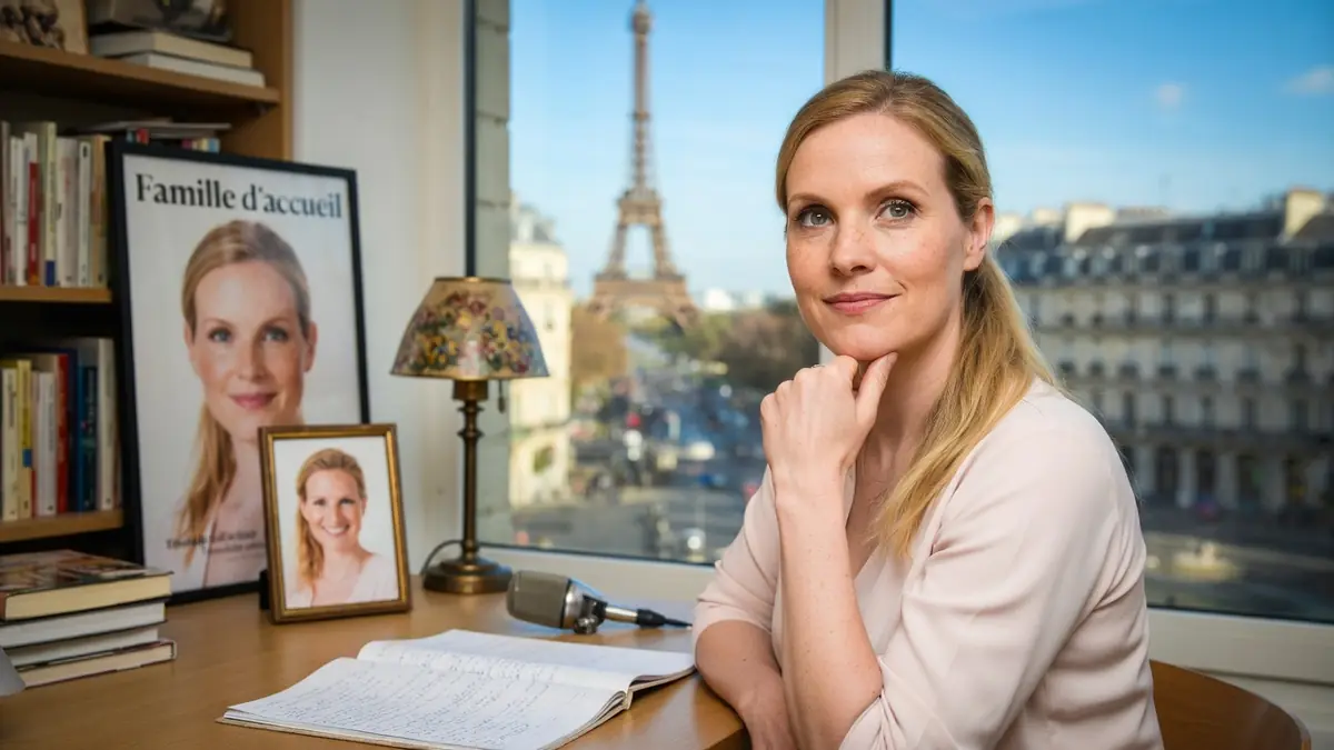 Lucie Barret assise à son bureau la main près du visage devant la tour Eiffel