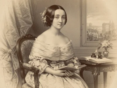 Ida Ferrier est assise dans un fauteuil tenant un livre ouvert sur ses genoux