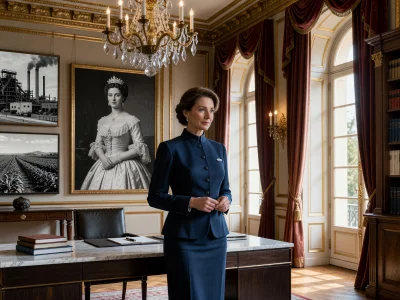 Anne-Aymone Sauvage de Brantes se tient dans un bureau luxueux orné de tableaux et d'un lustre