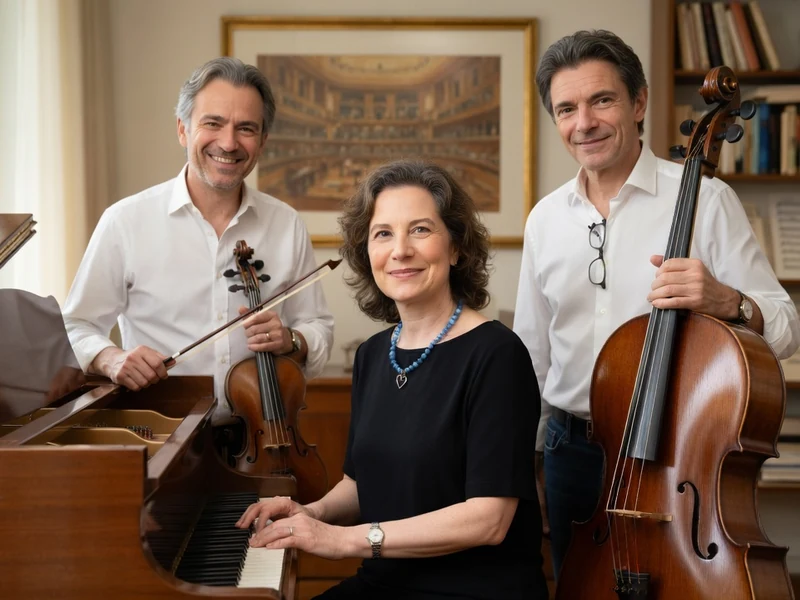 Aude Capuçon est assise au piano entre un violoniste et un violoncelliste