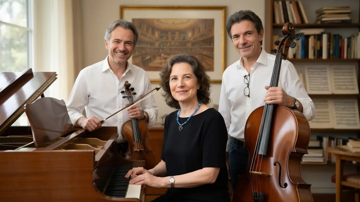 Aude Capuçon est assise au piano entre un violoniste et un violoncelliste