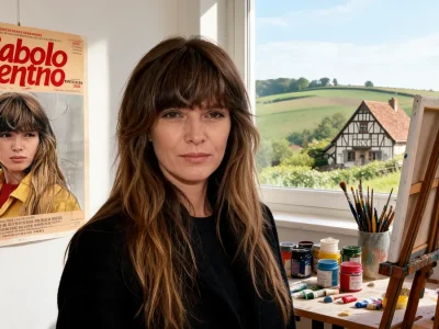 Éléonore Klarwein se tient près d'un chevalet de peinture dans une maison normande avec vue sur la campagne