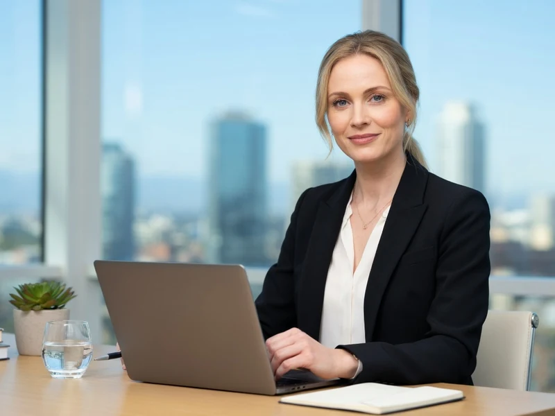 Charlotte Di Calypso travaille sur son ordinateur portable dans un bureau avec vue sur la ville.