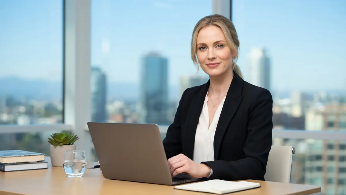 Charlotte Di Calypso travaille sur son ordinateur portable dans un bureau avec vue sur la ville.