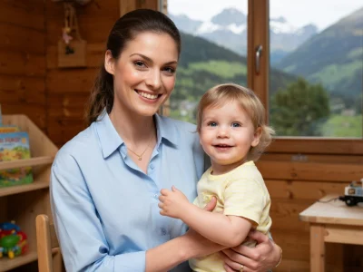 Laure Belleville sourit en tenant un jeune enfant dans une pièce chaleureuse avec vue montagneuse